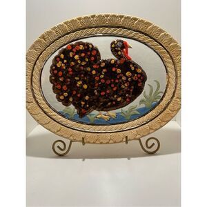 Vtg 90s Handmade Serving Platter 18"x 14" Multicolor Embossed 3D Turkey Ceramic